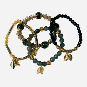 Gold Leaf Charm Beaded Bracelet Set - Green, Black, and Gold